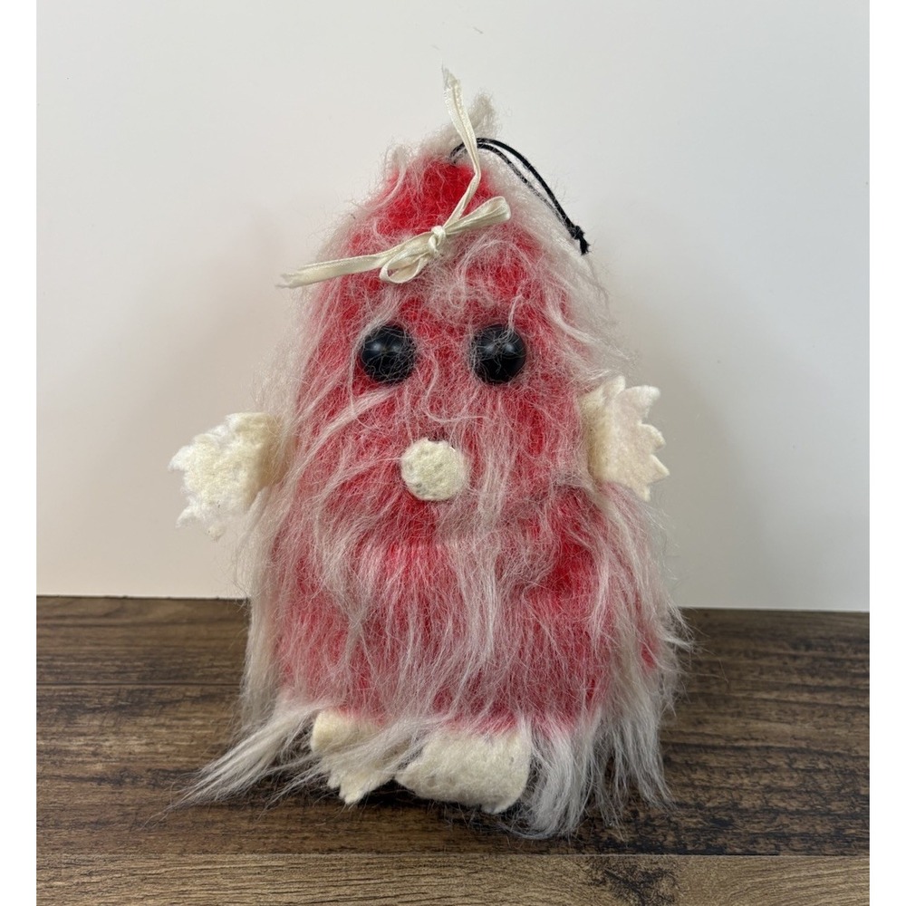 Vintage 8" Red Furry Monster Creature Stuffed Plush Figure Toy Bow